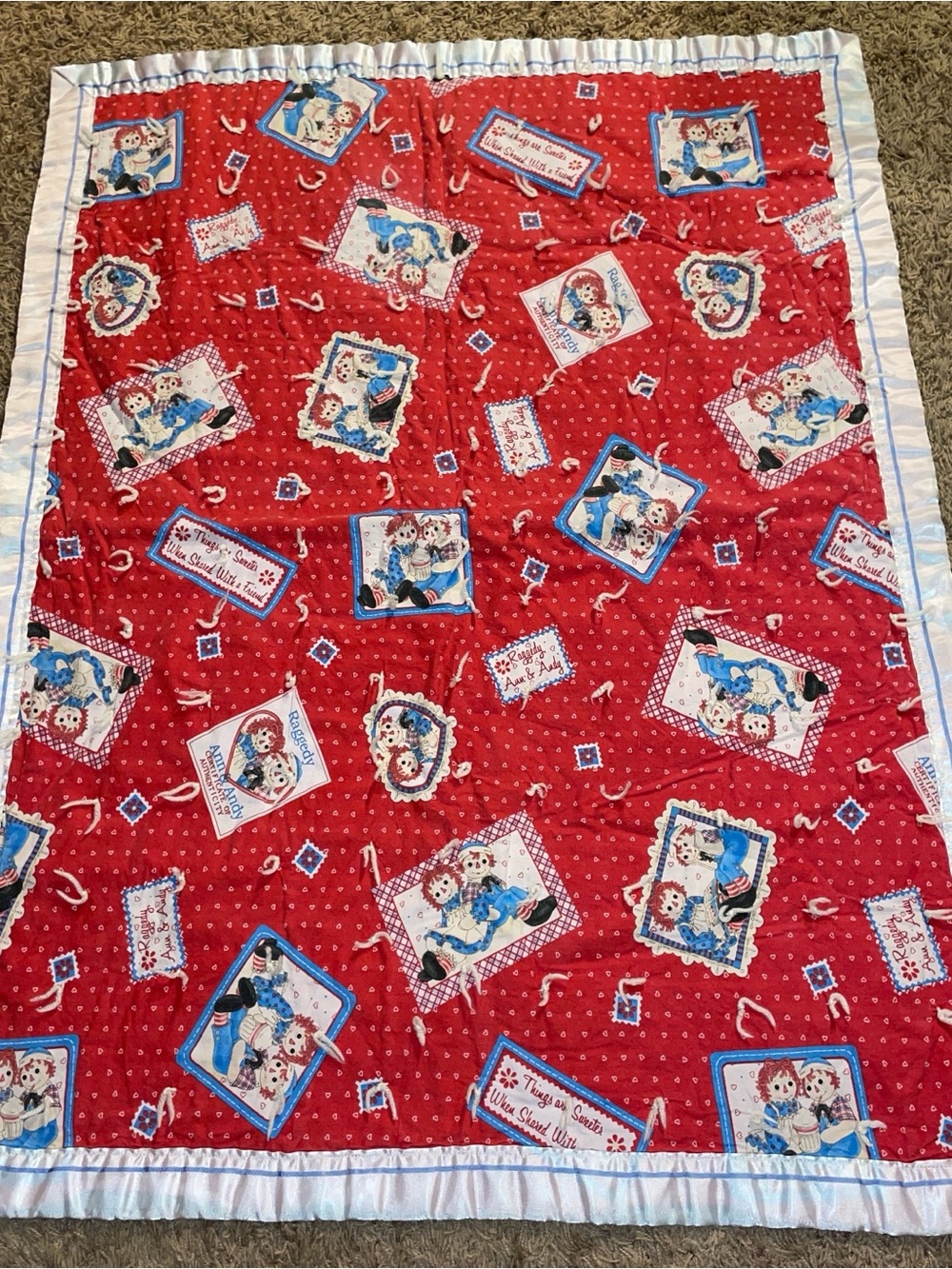 Raggedy Ann Quilted Throw Blanket - Red with Blue Accents handmade!